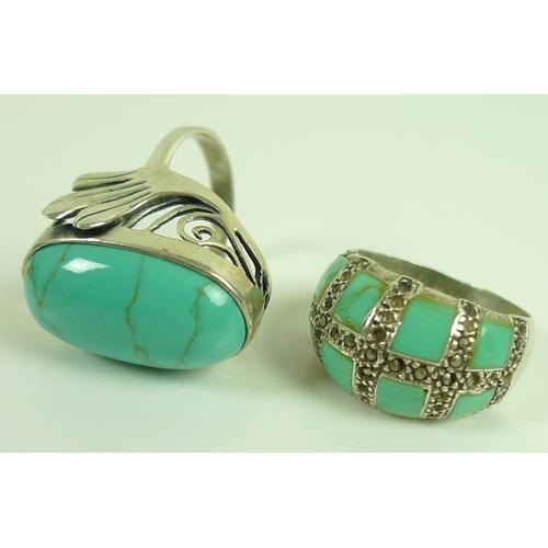 818 - A Mexican silver cuff set with turquoise cabochons, together with two similar silver and turquoise r... 