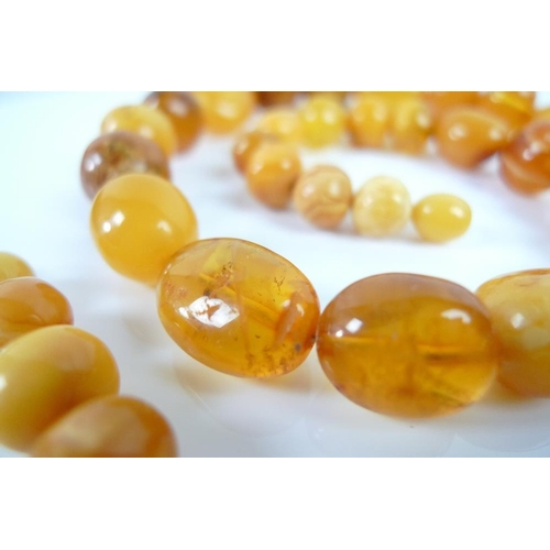 821 - A set of vintage amber beads of various colours including butterscotch, egg yolk and honey, the bead... 