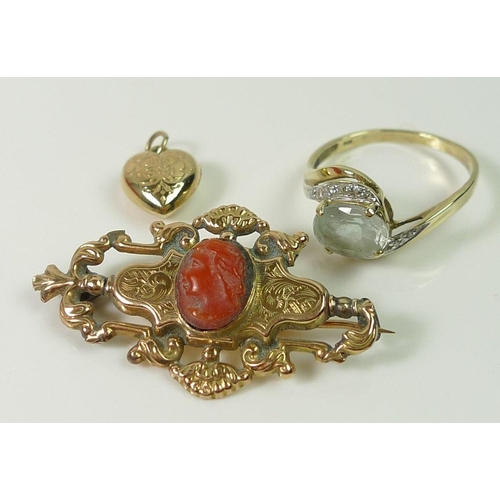 822 - A collection of gold jewellery, comprising a 19th century Italian brooch set with red coral cameo pi... 