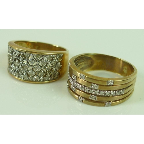 825 - A 9ct gold and diamond dress ring, the wide band of five sections adorned with small diamonds, size ... 