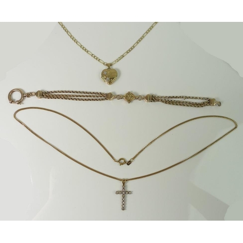 836 - Three items of gold jewellery, comprising a 9ct gold chain with 10K gold cross pendant set with cham... 