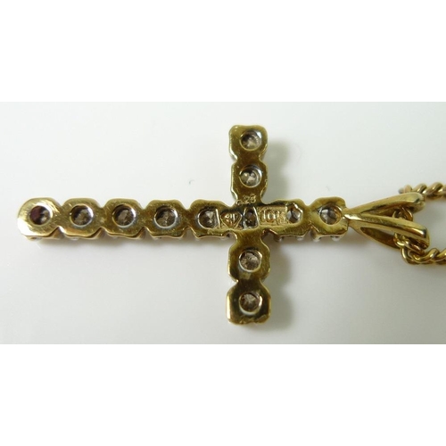 836 - Three items of gold jewellery, comprising a 9ct gold chain with 10K gold cross pendant set with cham... 