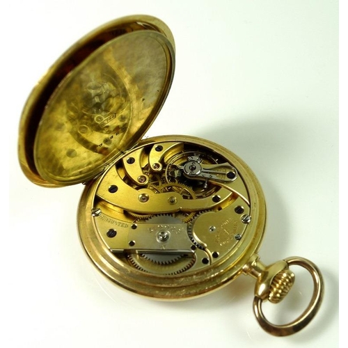 842 - An 18ct gold pocket watch, the white enamel dial with Arabic numerals and subsidiary seconds, the di... 