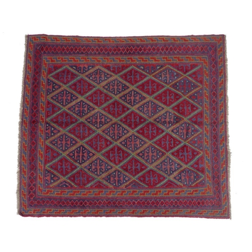 859 - A Gazak rug with red ground, diamond pattern to field in dark blue, light red and yellow, multiple b... 