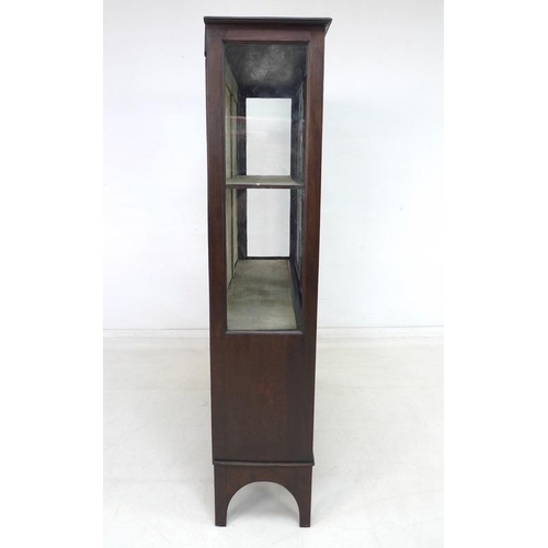 922 - An Art Nouveau mahogany, fruitwood and metal inlaid display cabinet, twin leaded stained glass doors... 