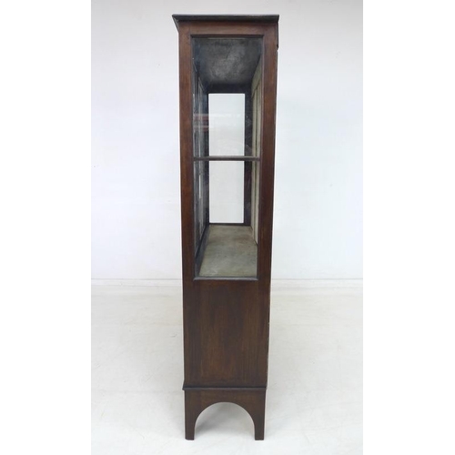 922 - An Art Nouveau mahogany, fruitwood and metal inlaid display cabinet, twin leaded stained glass doors... 