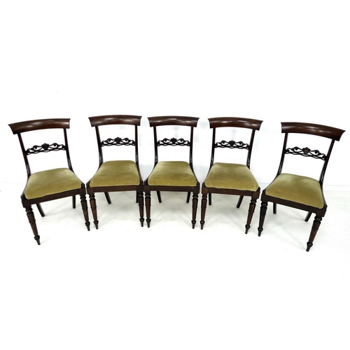 923 - A set of five William IV rosewood dining chairs, carved bar backs, green velvet upholstered drop in ... 