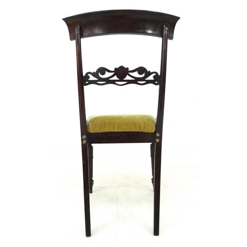 923 - A set of five William IV rosewood dining chairs, carved bar backs, green velvet upholstered drop in ... 