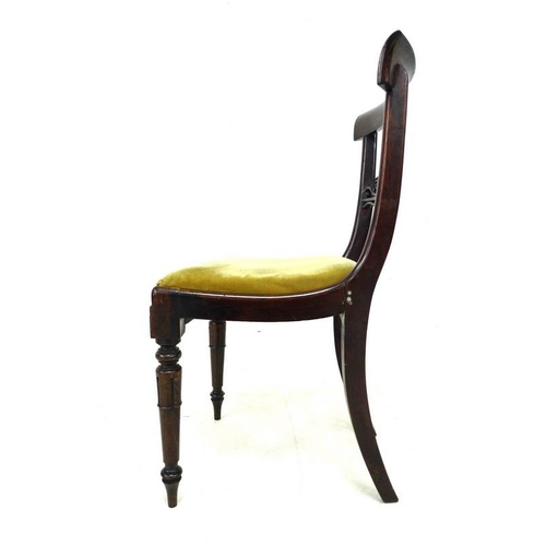 923 - A set of five William IV rosewood dining chairs, carved bar backs, green velvet upholstered drop in ... 