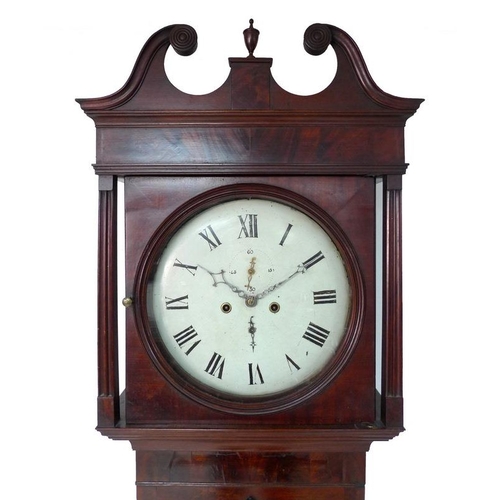 926A - A 19th century mahogany long case clock, 8 day movement chiming on a bell, circular dial with black ... 