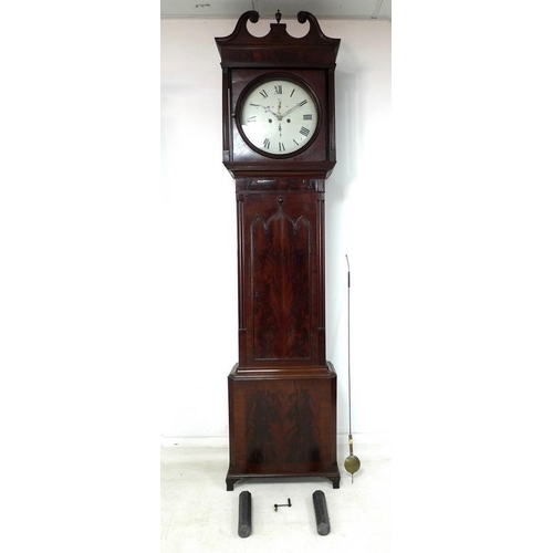 926A - A 19th century mahogany long case clock, 8 day movement chiming on a bell, circular dial with black ... 