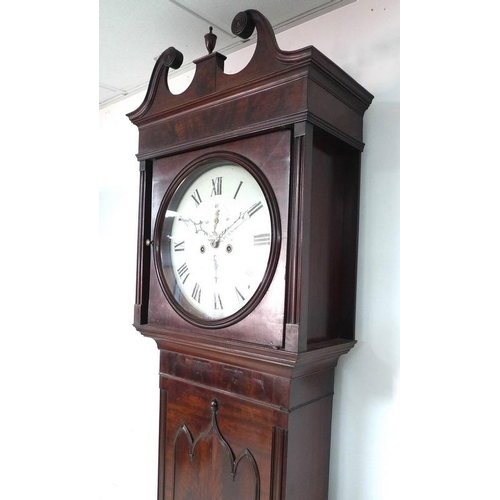 926A - A 19th century mahogany long case clock, 8 day movement chiming on a bell, circular dial with black ... 