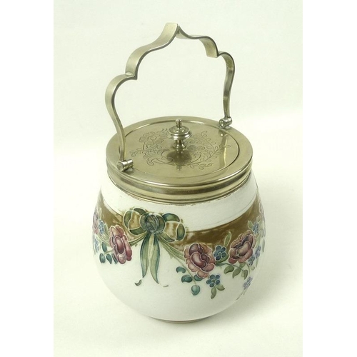 506 - A William Moorcroft for James Macintyre & Co biscuit barrel, circa 1905, of ovoid form with silver p... 