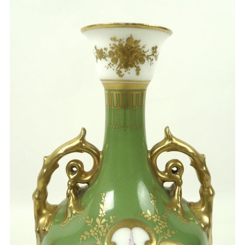 559 - A late Victorian Royal Crown Derby porcelain twin handled vase with flared rim and circular pedestal... 