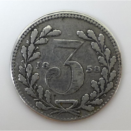 782 - An 1858 Australian silver three penny piece, marked 'Payable at Hogarth Erichsen and Co Sydney', dep... 