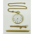 An early 19th century gold pocket watch and chain, white enamel dial with black Roman numerals and m... 