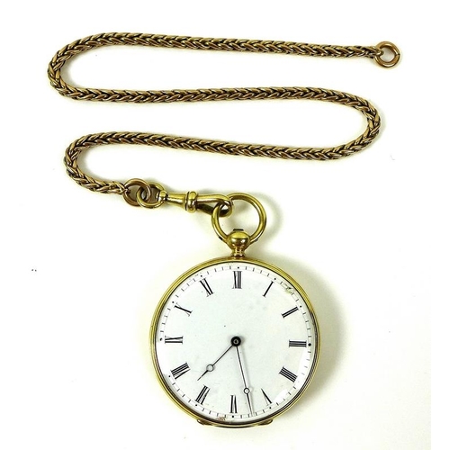 785 - An early 19th century gold pocket watch and chain, white enamel dial with black Roman numerals and m... 