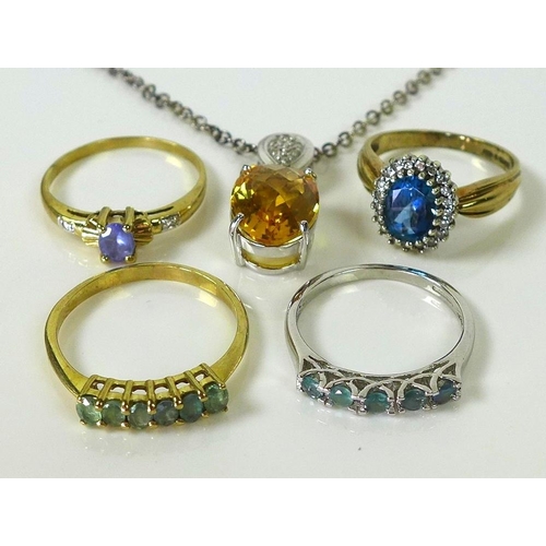 790A - A group of jewellery, comprising a 9ct white gold and five stone alexandrite ring, size N, a 9ct gol... 