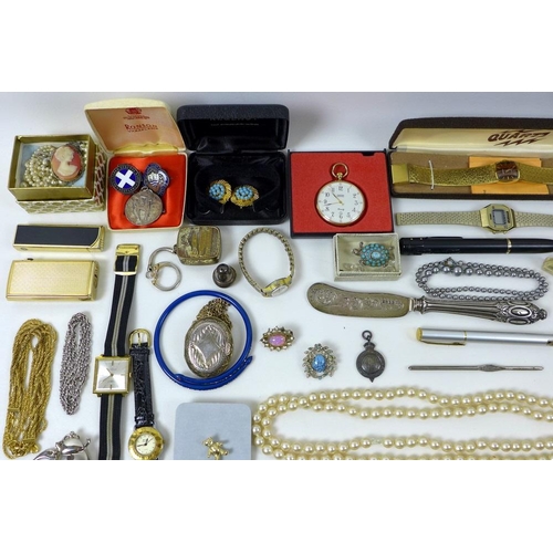 817 - A collection of costume jewellery, including silver, paste, lighters, a silver butter knife with sil... 