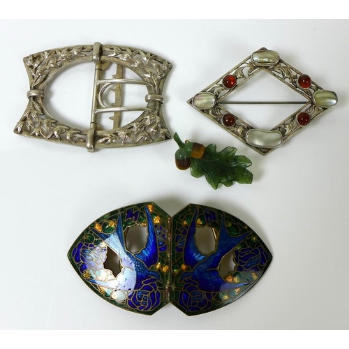 818 - A group of buckles and brooches, comprising a silver gilt and enamel buckle designed with bluebirds ... 