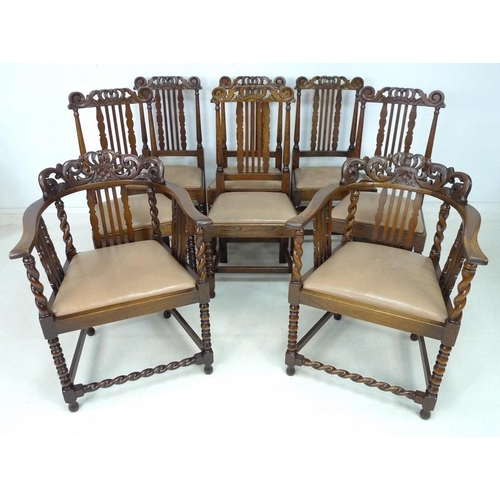 944 - A set of eight Jacobean style dining chairs, including two carvers with low backs, each with top rai... 