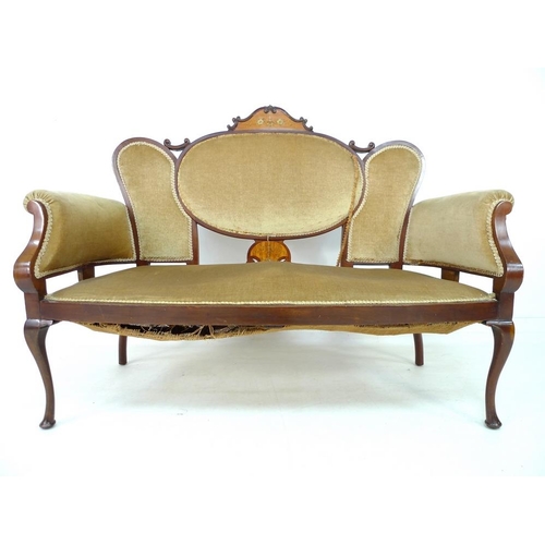 945 - An Edwardian parlour part suite of chairs, marquetry inlaid with floral crests, comprising an open a... 