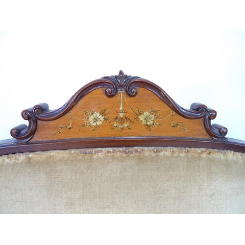 945 - An Edwardian parlour part suite of chairs, marquetry inlaid with floral crests, comprising an open a... 