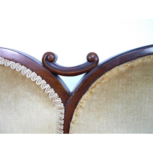 945 - An Edwardian parlour part suite of chairs, marquetry inlaid with floral crests, comprising an open a... 