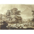 Richard Earlom (British, 1743-1822): a sepia mezzotint depicting a bucolic landscape, after Claude l... 