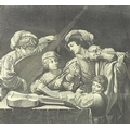 After Dominic (French, 18th century): a study of musicians around a table, an engraving by Francois ... 