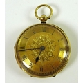 A Victorian 18ct gold open faced pocket watch, key wind, engraved with foliate, floral and scrolling... 