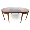 A George III mahogany D end dining table, strung inlay, raised on  square section legs, single addit... 