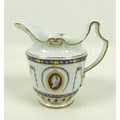 A Chelsea Derby helmet cream jug, circa 1770, painted with portrait plaques within laurel wreaths, w... 