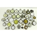 A group of silver, silver plated, gold plated and brass pocket watches and movements. (27)