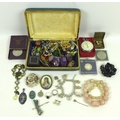 A group of gold, silver and costume jewellery, including 9ct gold bar brooch with a Maltese Cross, c... 