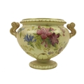 A Royal Worcester porcelain ivory blush twin handled vase, dated 1907, shape number 2397, of squat o... 