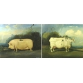 David Burton (British, 20th century): a prize pig, and a prize cow, in the 18th century style, oils ... 