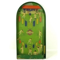 An Amersham Pin Cricket wooden painted bagatelle board, pre patent, number 462473, with runs and wic... 