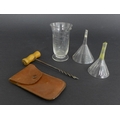 Two small Georgian glass wine funnels with lobed detailing, together with two corkscrews and a glass... 