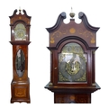 An Edwardian long case clock, crossbanded and inlaid marquetry mahogany case, brass dial with applie... 