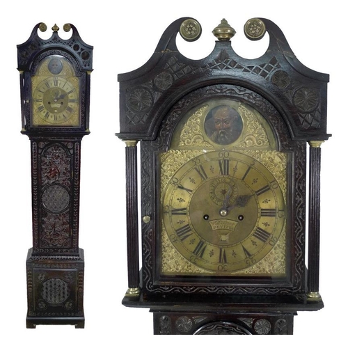 933 - A George III oak cased long case automaton clock, circa 1780, 11 inch brass arched dial with black R... 