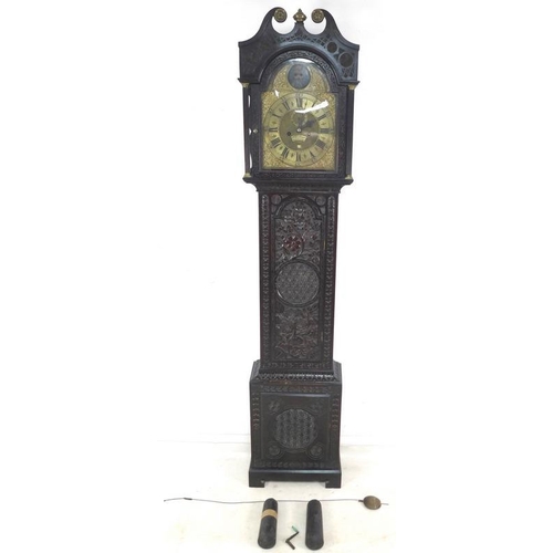 933 - A George III oak cased long case automaton clock, circa 1780, 11 inch brass arched dial with black R... 