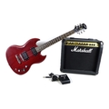 An Epiphone SG Special model cherry red electric guitar, with a Marshall amp.