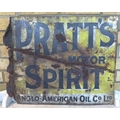 A vintage double sided enamel sign for Pratt's Motor Spirit, blue text on white and yellow ground.