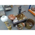 A large collection of brassware, together with a bronzed plaster sculpture by Austin Products Inc, m... 