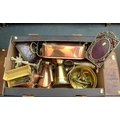 A quantity of copper and brass, including a kettle, two jugs, two plates, a picture frame, vases, tw... 