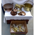 A quantity of copper and brass items, including a brass model of a shire horse, frying pans and sauc... 
