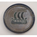 A studio pottery dish, by Antonia Berge ’75, decorated with a Viking ship.