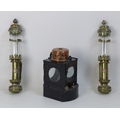 A pair of Victorian style railway brass wall sconce lights, with applied copper plaque for 'GWR' and... 
