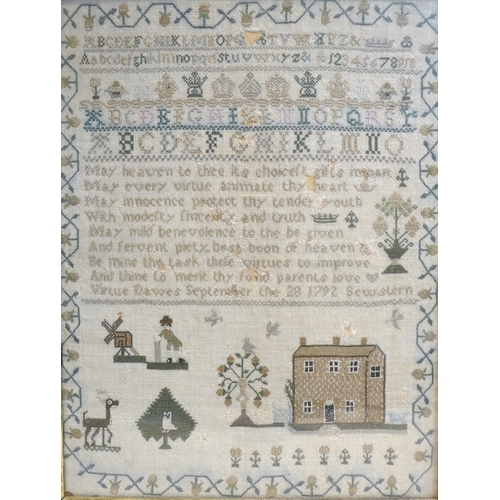 151 - A George III cross stitch sampler, silk threads on linen, with poem 'May heaven to thee its choice o... 